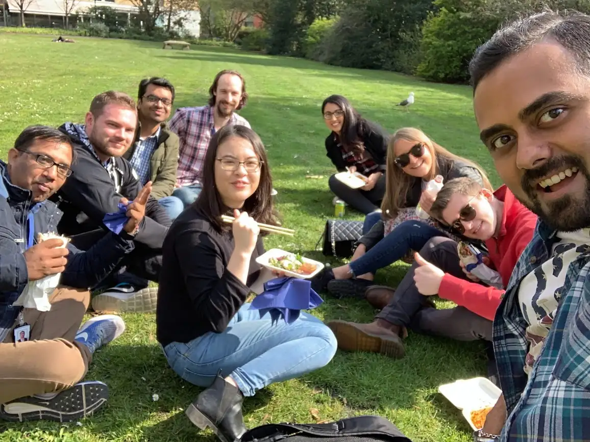 Photo of a large group of colleagues eating lunch in a park on a sunny day.